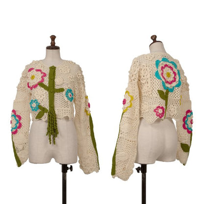 TSUMORI CHISATO Wool Floral Knit Short Cardigan Ivory Size M