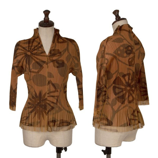 PLEATS PLEASE Mesh Layered Floral Blouse Brown Size 3