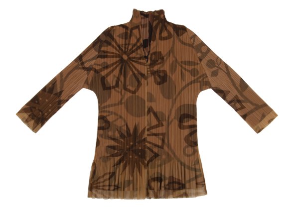 PLEATS PLEASE Mesh Layered Floral Blouse Brown Size 3