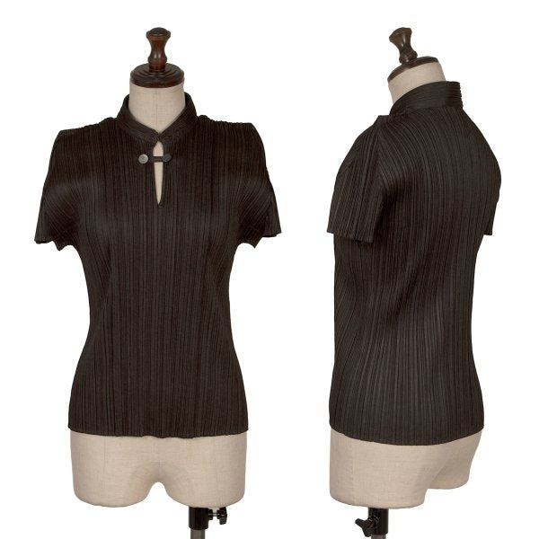 PLEATS PLEASE Metal Button Band Neck Blouse Brown Size 3
