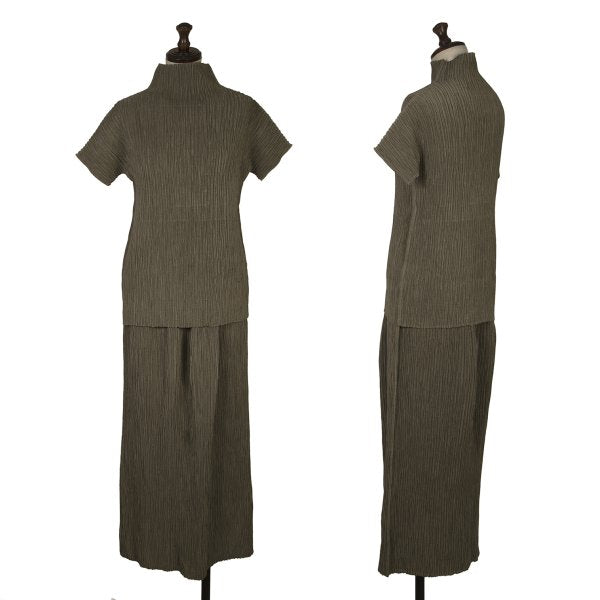 HIROKO BIS Polyester Pleated High Neck T-Shirt Khaki Size 9