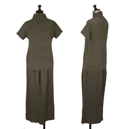 HIROKO BIS Polyester Pleated High Neck T-Shirt Khaki Size 9