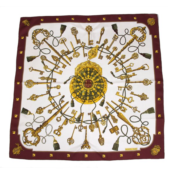 HERMES LES CLES Carré Scarf White/Bordeaux