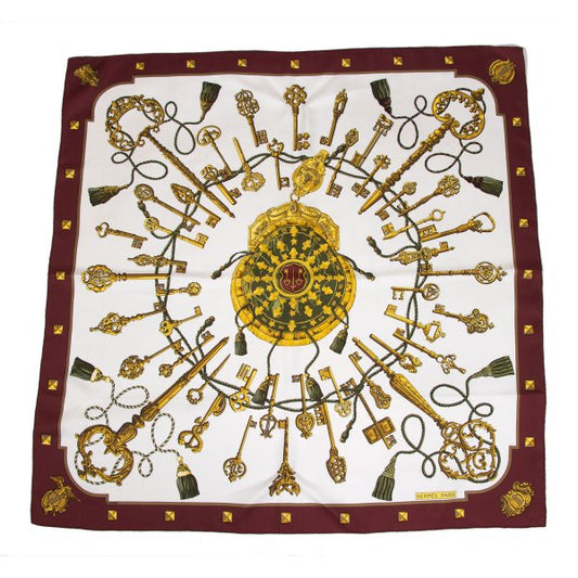 HERMES LES CLES Carré Scarf White/Bordeaux