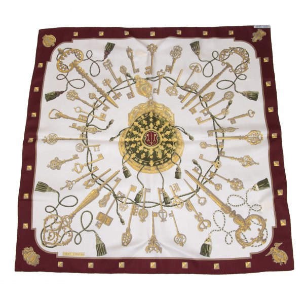 HERMES LES CLES Carré Scarf White/Bordeaux