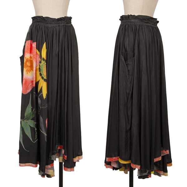 Y's Cupro Floral Print Midi Skirt Black Size 3