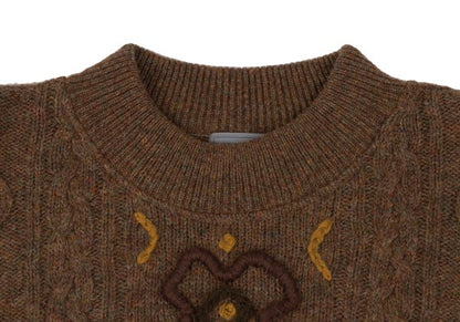 KENZO Floral Jacquard Cable Knit Sweater Brown Size M