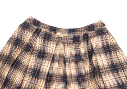 Mademoiselle NON NON Beige Navy Check Midi Skirt Size 40L