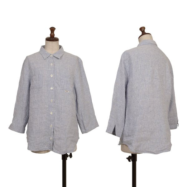 Mademoiselle NON NON Linen 3/4 Sleeve Up Blue/White Shirt Size 40L