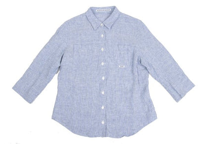 Mademoiselle NON NON Linen 3/4 Sleeve Up Blue/White Shirt Size 40L