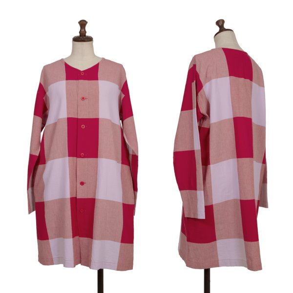 Plantation Block Check No Collar Tunic Red Purple Shirt Size M