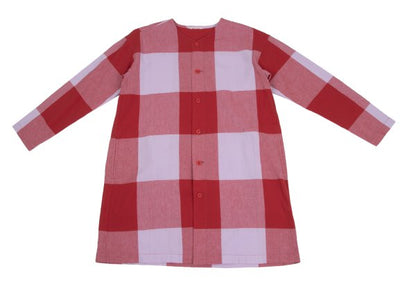 Plantation Block Check No Collar Tunic Red Purple Shirt Size M