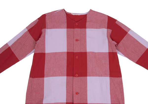 Plantation Block Check No Collar Tunic Red Purple Shirt Size M