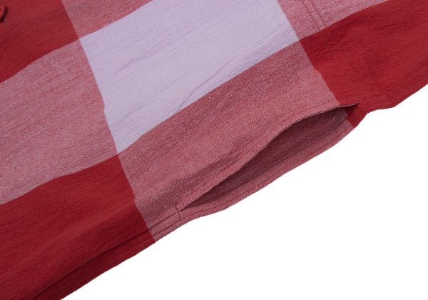 Plantation Block Check No Collar Tunic Red Purple Shirt Size M