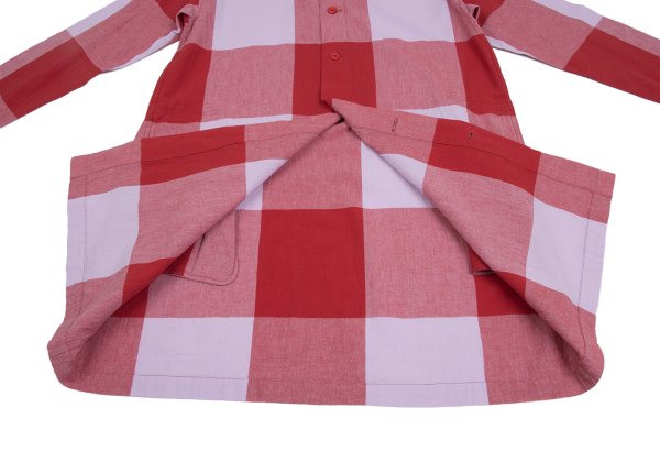 Plantation Block Check No Collar Tunic Red Purple Shirt Size M