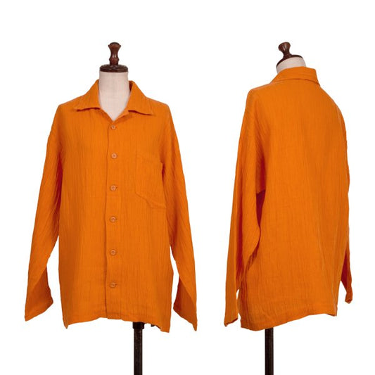 Plantation Cotton Linen Open Collar Button-Up Orange Size M