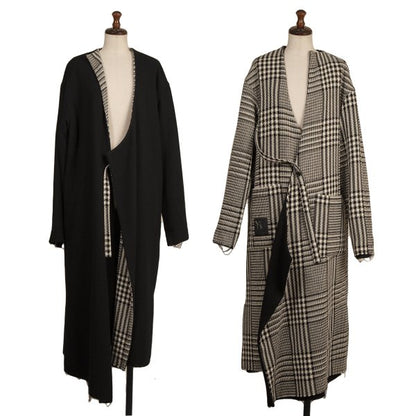 Y's 21AW Reversible Glen Check Collarless Black White Coat Size 1