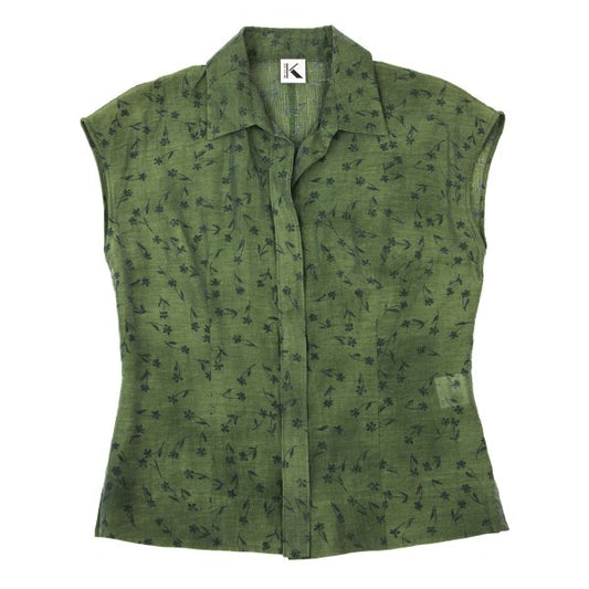 K OF KRIZIA Linen Blend Floral Sleeveless Blouse Size 40