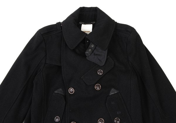 DIESEL Leather Patch Military Pea Coat Black Size S