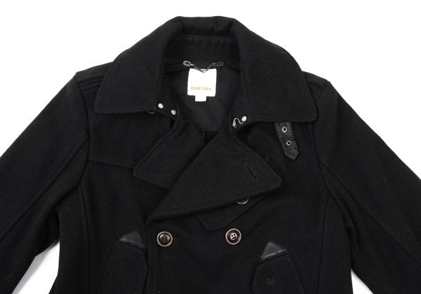 DIESEL Leather Patch Military Pea Coat Black Size S