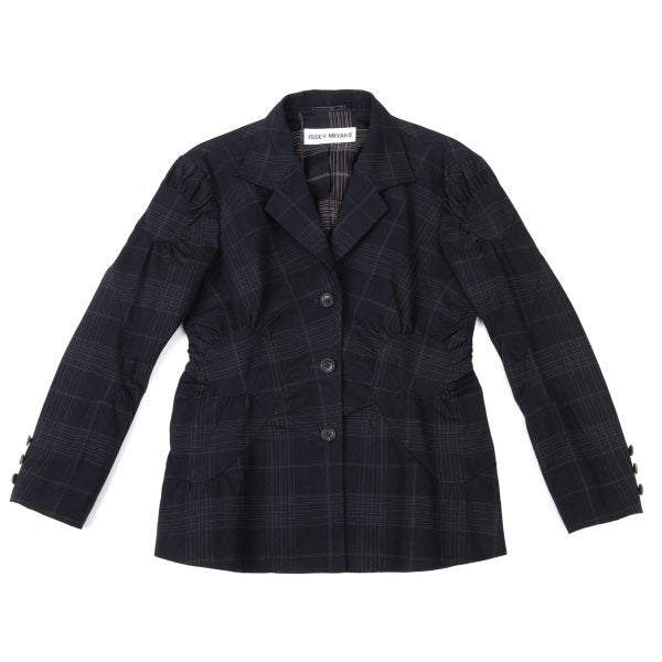 ISSEY MIYAKE Cotton Gathered Patch Check Jacket Blue Size 3
