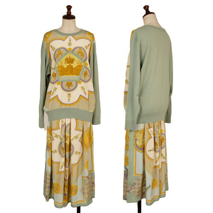 YOSHIE INABA Silk Scarf Print Panel Sweater Green Size M