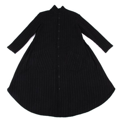 Y's Wool Brushed Stripe Stand Collar Dress Black Size 2