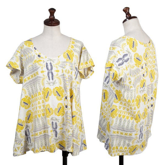 Plantation Floral Print Cotton Linen T-Shirt White Size M