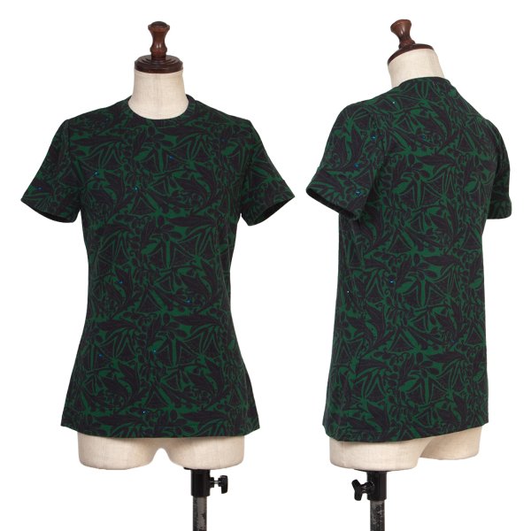 Zucca Wool Botanical Print Beaded T-Shirt Green Black Size M