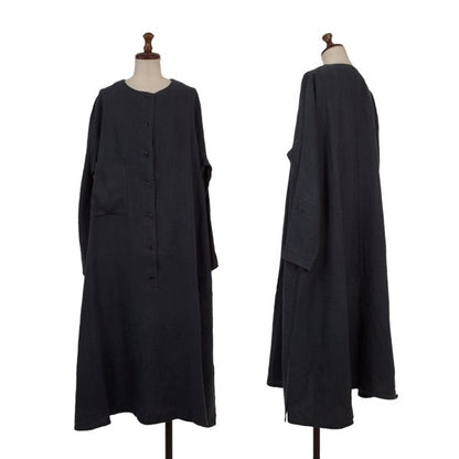 Y's Linen No Collar Pullover Midi Dress Navy Size M
