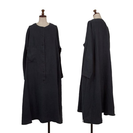 Y's Linen No Collar Pullover Midi Dress Navy Size M