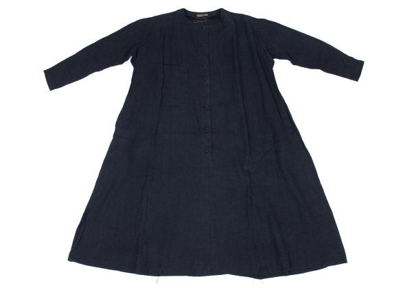 Y's Linen No Collar Pullover Midi Dress Navy Size M