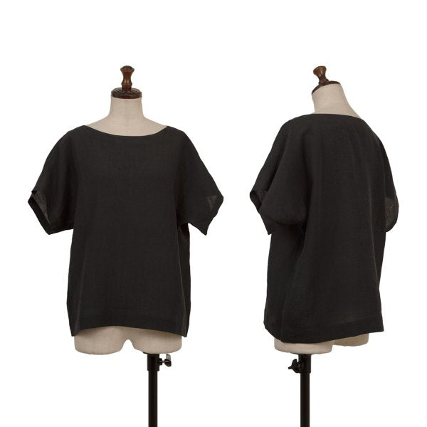 Plantation Linen Boat Neck Drop Sleeve Top Black Blouse Size M