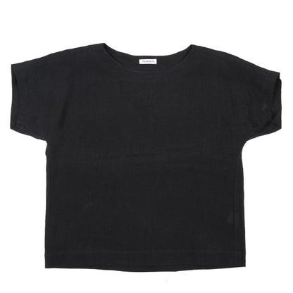 Plantation Linen Boat Neck Drop Sleeve Top Black Blouse Size M