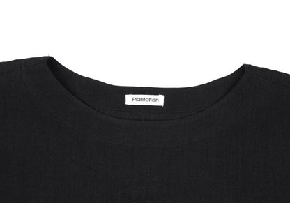 Plantation Linen Boat Neck Drop Sleeve Top Black Blouse Size M