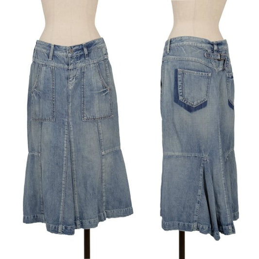 MARITHE Cotton Linen Blend Flare Denim Skirt Indigo Size S