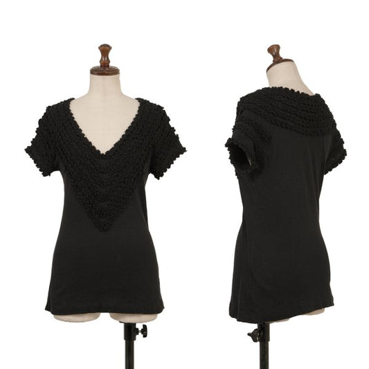 zucca Dyed Cotton Ruffle Patch V-Neck T-Shirt Black Size M