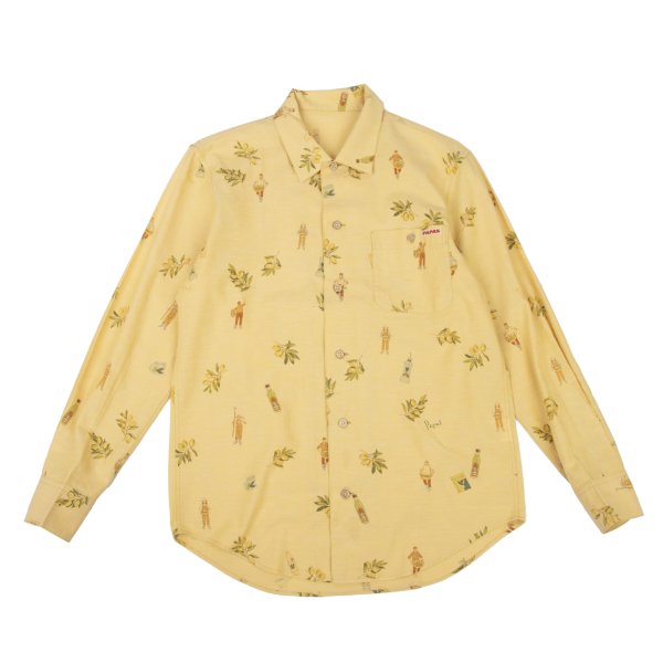 Papas Cotton Linen Olive Print Open Shirt Yellow Size 46S