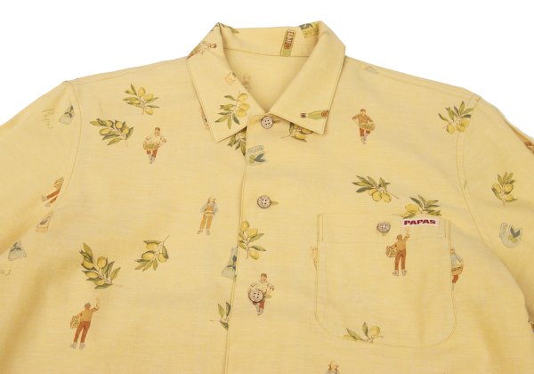 Papas Cotton Linen Olive Print Open Shirt Yellow Size 46S