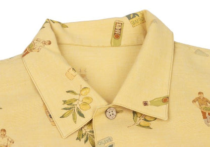 Papas Cotton Linen Olive Print Open Shirt Yellow Size 46S