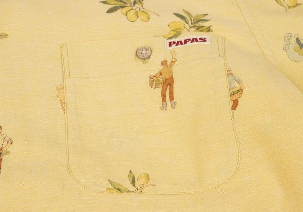 Papas Cotton Linen Olive Print Open Shirt Yellow Size 46S