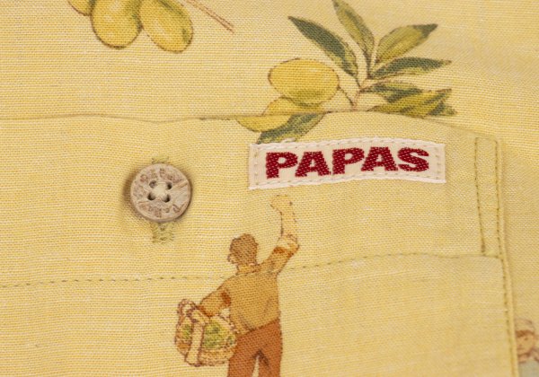 Papas Cotton Linen Olive Print Open Shirt Yellow Size 46S