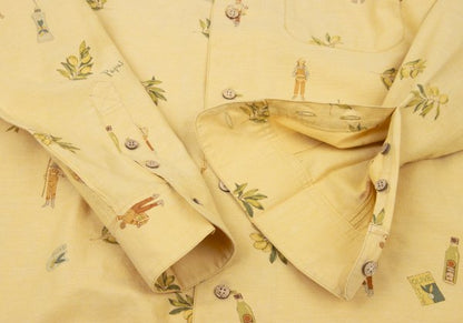 Papas Cotton Linen Olive Print Open Shirt Yellow Size 46S