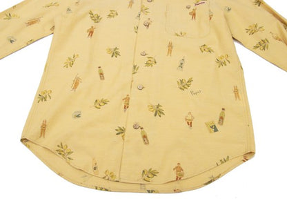 Papas Cotton Linen Olive Print Open Shirt Yellow Size 46S