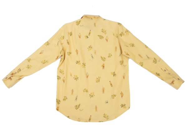 Papas Cotton Linen Olive Print Open Shirt Yellow Size 46S