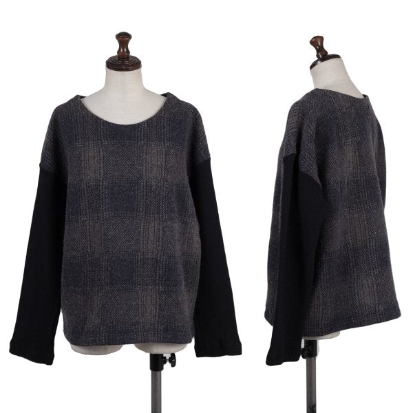 zucca Wool Blend Check Sleeve Knit Sweater Navy Gray Size M