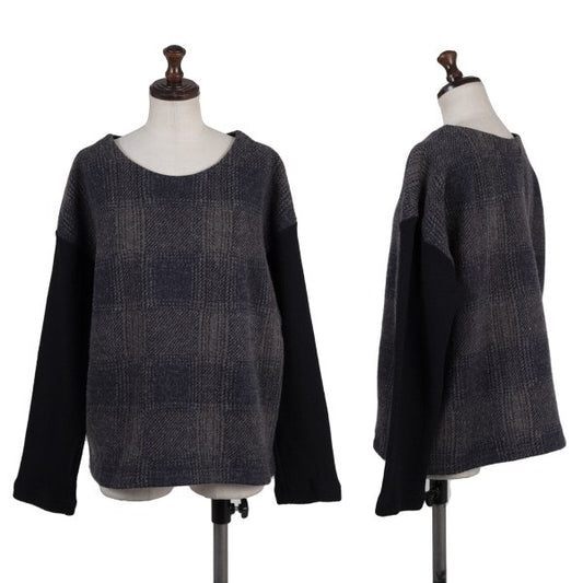 zucca Wool Blend Check Sleeve Knit Sweater Navy Gray Size M