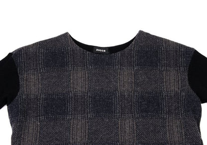zucca Wool Blend Check Sleeve Knit Sweater Navy Gray Size M