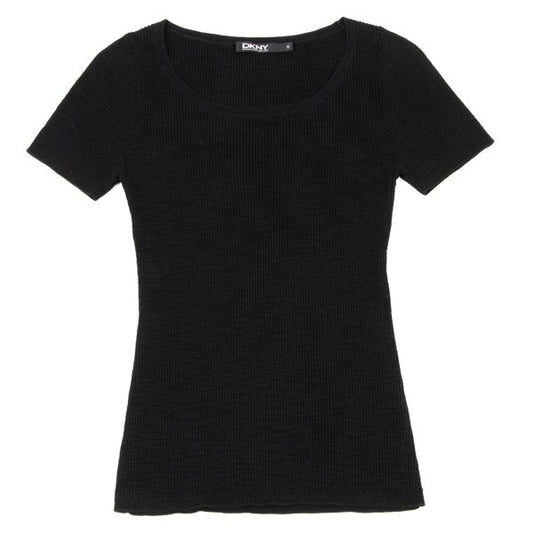 DKNY Cotton Blend Short Sleeve Rib Knit Sweater Black Size S