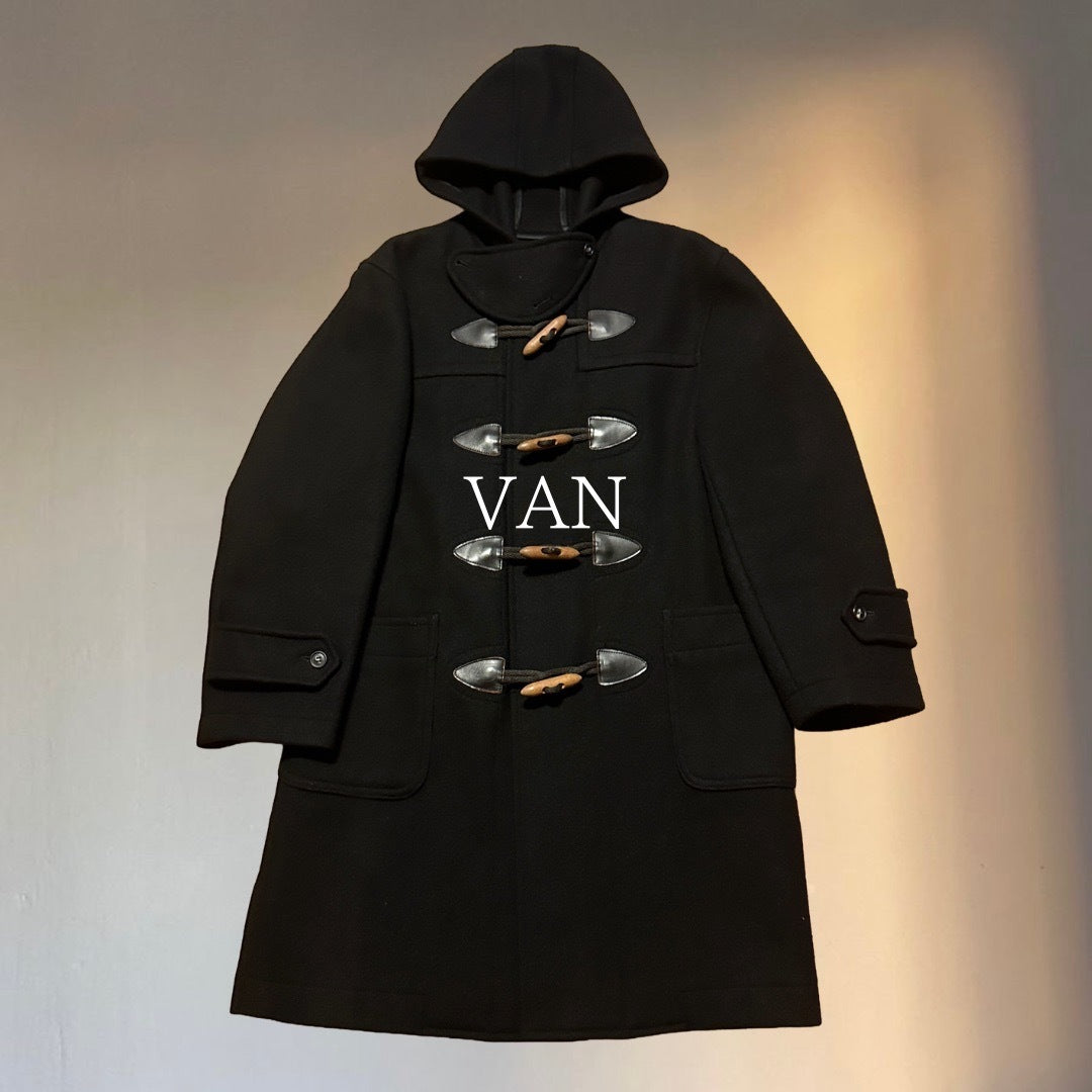 VAN Black Hooded 100% Wool Duffle Coat